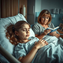 A heartfelt and emotional scene depicting an 18-year-old girl experiencing cancer pain, lying on a hospital bed