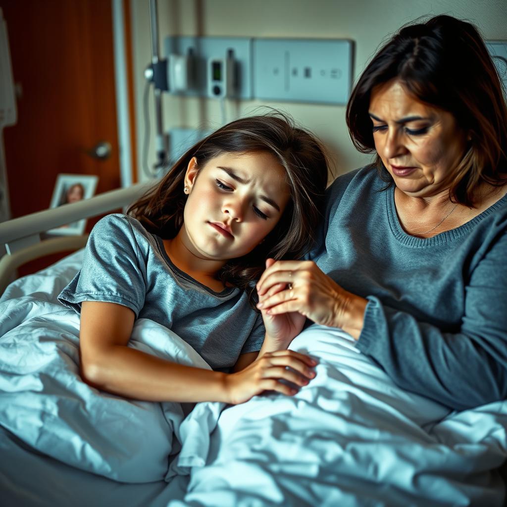 A heartfelt and emotional scene depicting an 18-year-old girl experiencing cancer pain, lying on a hospital bed