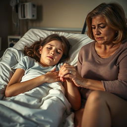 A heartfelt and emotional scene depicting an 18-year-old girl experiencing cancer pain, lying on a hospital bed