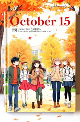 A charming book cover titled 'October 15', featuring a scenic junior high school setting in autumn, with falling leaves in vibrant shades of orange and yellow