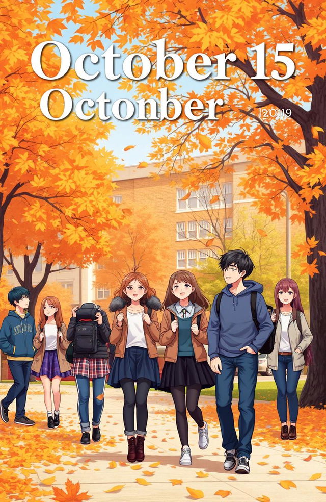 A charming book cover titled 'October 15', featuring a scenic junior high school setting in autumn, with falling leaves in vibrant shades of orange and yellow