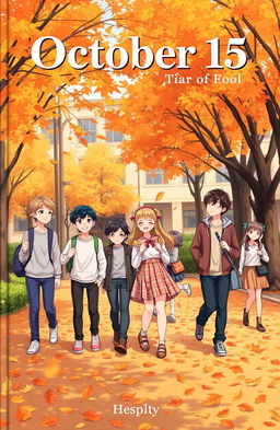 A charming book cover titled 'October 15', featuring a scenic junior high school setting in autumn, with falling leaves in vibrant shades of orange and yellow