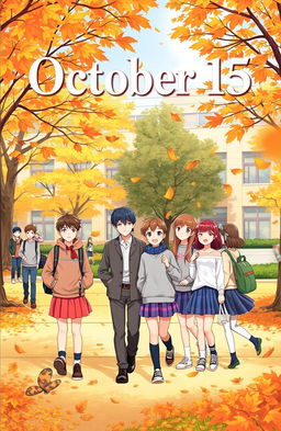 A charming book cover titled 'October 15', featuring a scenic junior high school setting in autumn, with falling leaves in vibrant shades of orange and yellow