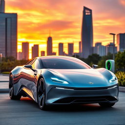 A sleek, futuristic electric car with a smooth aerodynamic design and shiny metallic finish, parked in a modern cityscape during sunset
