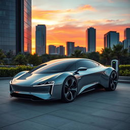 A sleek, futuristic electric car with a smooth aerodynamic design and shiny metallic finish, parked in a modern cityscape during sunset