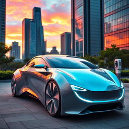 A sleek, futuristic electric car with a smooth aerodynamic design and shiny metallic finish, parked in a modern cityscape during sunset