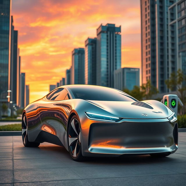 A sleek, futuristic electric car with a smooth aerodynamic design and shiny metallic finish, parked in a modern cityscape during sunset