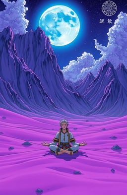 A vibrant, futuristic manga style scene set on a purple sand planet, featuring a striking mountain range surrounding the landscape