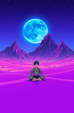 A vibrant, futuristic manga style scene set on a purple sand planet, featuring a striking mountain range surrounding the landscape