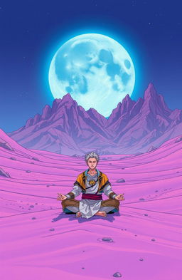 A vibrant, futuristic manga style scene set on a purple sand planet, featuring a striking mountain range surrounding the landscape