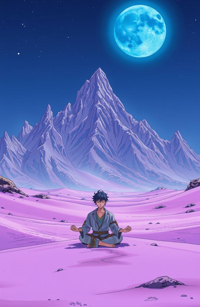 A vibrant, futuristic manga style scene set on a purple sand planet, featuring a striking mountain range surrounding the landscape