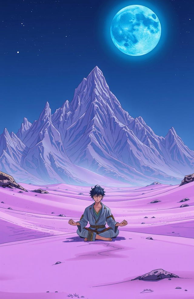 A vibrant, futuristic manga style scene set on a purple sand planet, featuring a striking mountain range surrounding the landscape