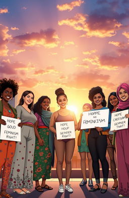 A powerful and inspiring depiction of feminism, illustrating a diverse group of strong women of various ethnicities and ages standing together in solidarity