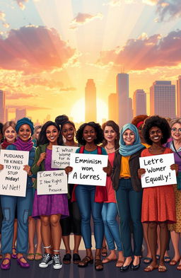 A powerful and inspiring depiction of feminism, illustrating a diverse group of strong women of various ethnicities and ages standing together in solidarity