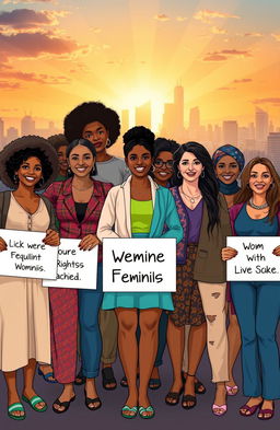A powerful and inspiring depiction of feminism, illustrating a diverse group of strong women of various ethnicities and ages standing together in solidarity