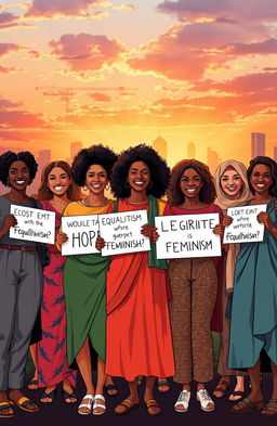 A powerful and inspiring depiction of feminism, illustrating a diverse group of strong women of various ethnicities and ages standing together in solidarity