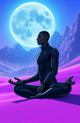 A stunning futuristic manga scene set on a purple sand planet, surrounded by a majestic mountain range