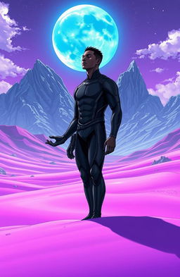 A stunning futuristic manga scene set on a purple sand planet, surrounded by a majestic mountain range