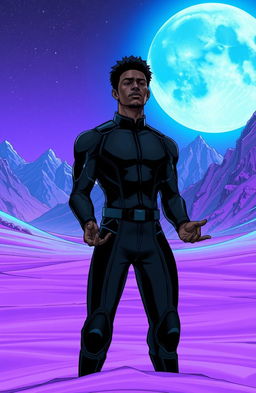 A stunning futuristic manga scene set on a purple sand planet, surrounded by a majestic mountain range