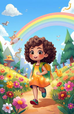 A vibrant and whimsical scene depicting Alisha, a young girl with curly hair and bright, curious eyes, embarking on an adventurous journey through a fantastical landscape filled with colorful flowers, towering trees, and enchanting creatures