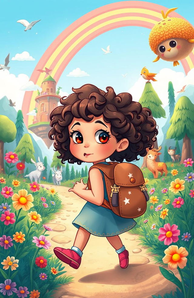 A vibrant and whimsical scene depicting Alisha, a young girl with curly hair and bright, curious eyes, embarking on an adventurous journey through a fantastical landscape filled with colorful flowers, towering trees, and enchanting creatures