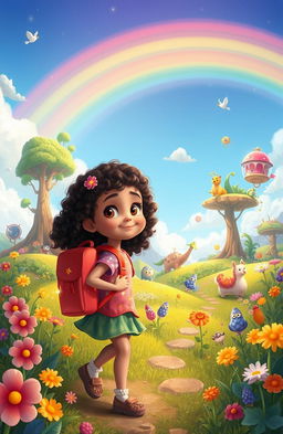 A vibrant and whimsical scene depicting Alisha, a young girl with curly hair and bright, curious eyes, embarking on an adventurous journey through a fantastical landscape filled with colorful flowers, towering trees, and enchanting creatures