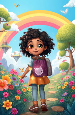 A vibrant and whimsical scene depicting Alisha, a young girl with curly hair and bright, curious eyes, embarking on an adventurous journey through a fantastical landscape filled with colorful flowers, towering trees, and enchanting creatures