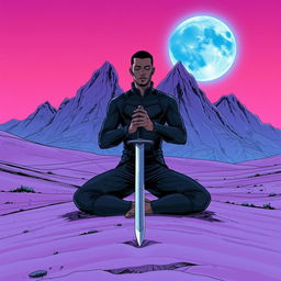 A captivating futuristic manga scene set on a purple sand planet, encircled by an impressive mountain range