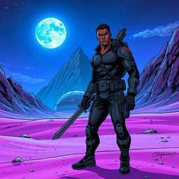 An engaging futuristic comics scene set on a purple sand planet, bordered by a dramatic mountain range