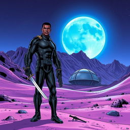 An engaging futuristic comics scene set on a purple sand planet, bordered by a dramatic mountain range