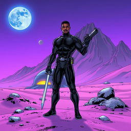 An engaging futuristic comics scene set on a purple sand planet, bordered by a dramatic mountain range