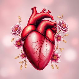 A beautiful anatomical heart illustration, detailed and realistic, with vibrant red and pink hues, surrounded by delicate floral designs and subtle golden accents
