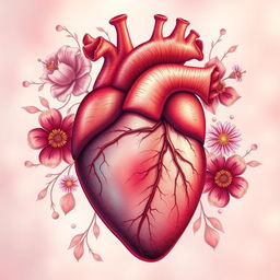 A beautiful anatomical heart illustration, detailed and realistic, with vibrant red and pink hues, surrounded by delicate floral designs and subtle golden accents