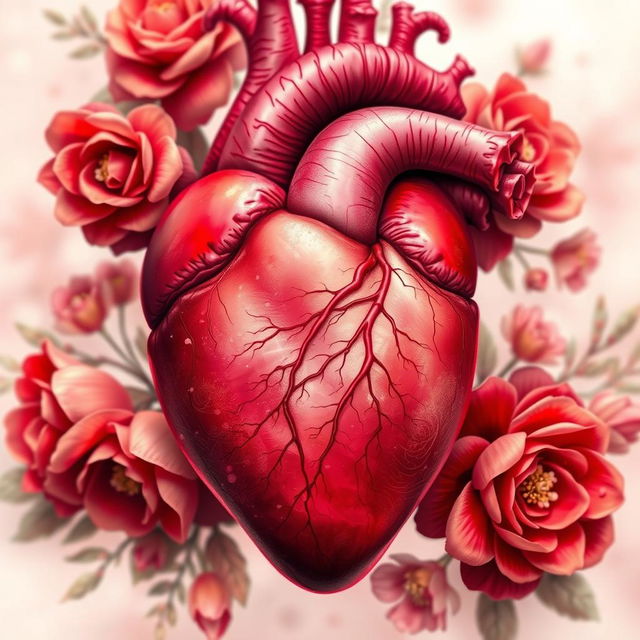 A beautiful anatomical heart illustration, detailed and realistic, with vibrant red and pink hues, surrounded by delicate floral designs and subtle golden accents