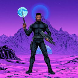 An electrifying futuristic manga scene set on a mesmerizing purple sand planet, enveloped by a towering mountain range