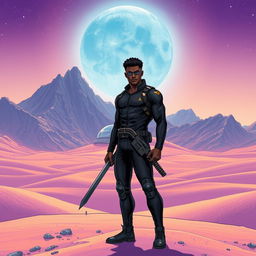 An electrifying futuristic manga scene set on a mesmerizing purple sand planet, enveloped by a towering mountain range