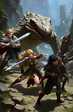 A dynamic fantasy scene featuring four characters engaged in combat with a large menacing lizard