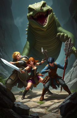 A dynamic fantasy scene featuring four characters engaged in combat with a large menacing lizard