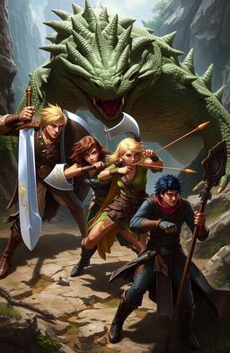 A dynamic fantasy scene featuring four characters engaged in combat with a large menacing lizard