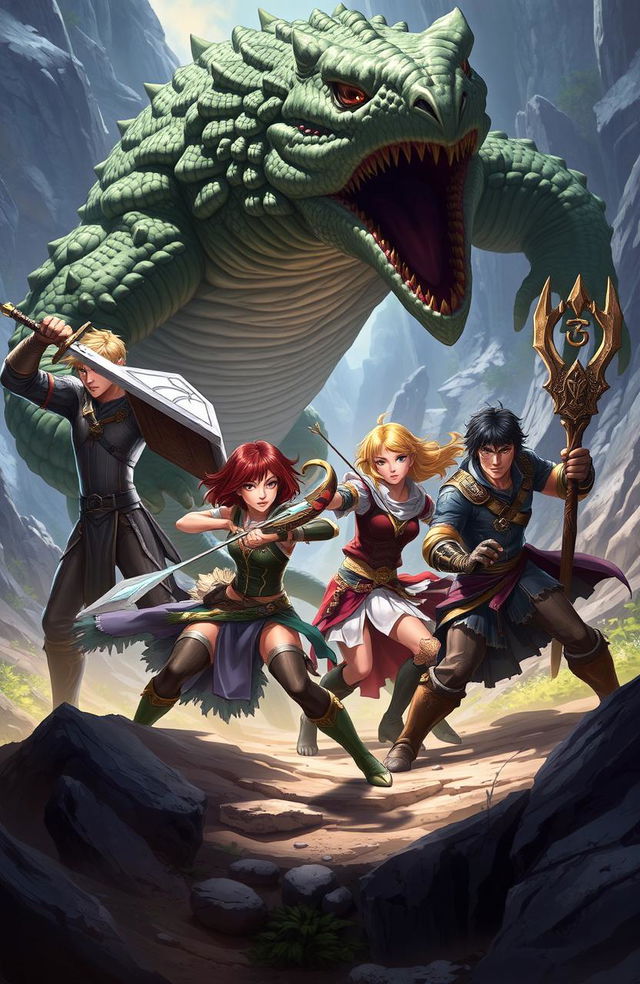 A dynamic fantasy scene featuring four characters engaged in combat with a large menacing lizard