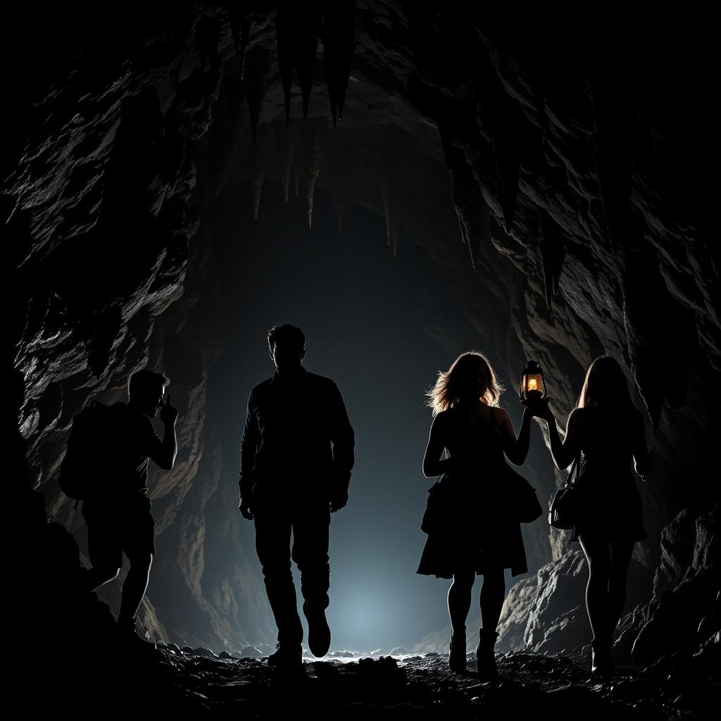 Four silhouettes of two men and two women exploring a dimly lit cave