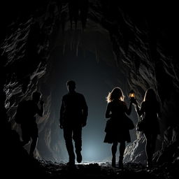 Four silhouettes of two men and two women exploring a dimly lit cave