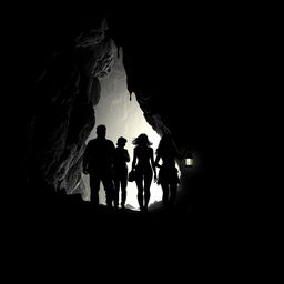 Four silhouettes of two men and two women exploring a dimly lit cave