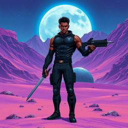 A stunning futuristic manga scene created in a detailed digital painting style, set on a vivid purple sand planet surrounded by an imposing mountain range