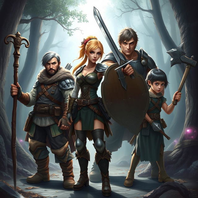 A dynamic fantasy scene featuring four characters in an epic adventure setting