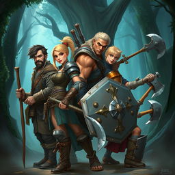 A dynamic fantasy scene featuring four characters in an epic adventure setting