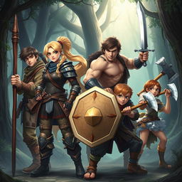 A dynamic fantasy scene featuring four characters in an epic adventure setting