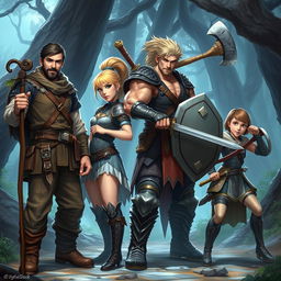 A dynamic fantasy scene featuring four characters in an epic adventure setting