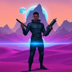 A breathtaking futuristic manga scene created in a digital painting style, showcasing a vibrant purple sand planet surrounded by a grand mountain range