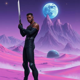 A breathtaking futuristic manga scene created in a digital painting style, showcasing a vibrant purple sand planet surrounded by a grand mountain range
